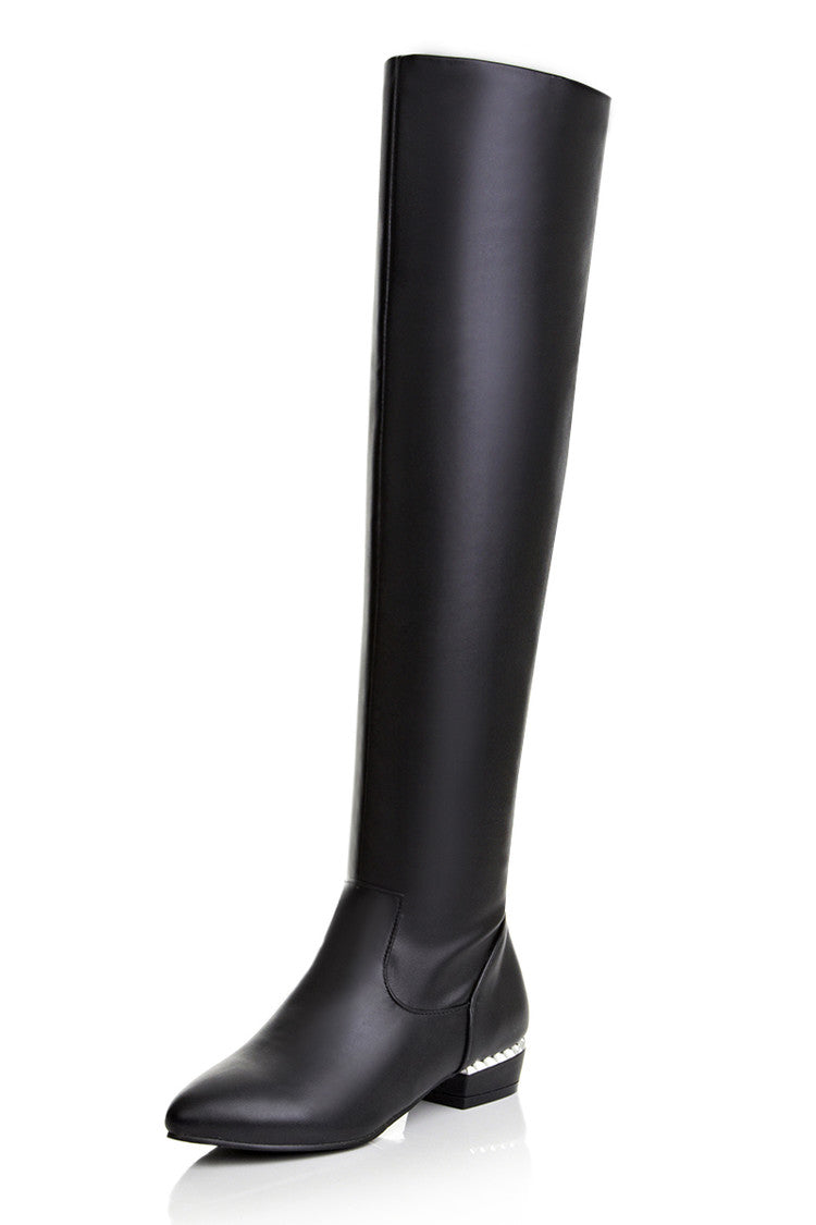 Women's Pu Leather Round Toe Inside Heighten Riding Over the Knee Boots