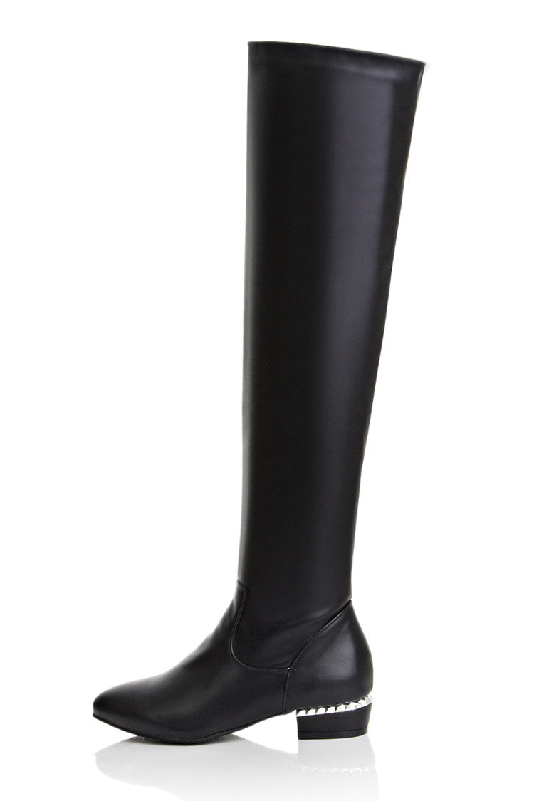 Women's Pu Leather Round Toe Inside Heighten Riding Over the Knee Boots