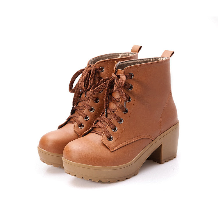 Women's Pu Leather Round Toe Lace Up Block Chunky Heel Platform Ankle Boots