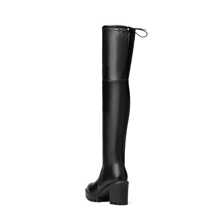 Women's Pu Leather Round Toe Side Zippers Block Chunky Heel Platform Over the Knee Boots