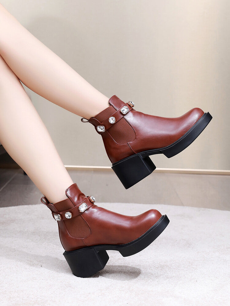 Women's Rhinestone Stretch Block Chunky Heel Platform Short Boots