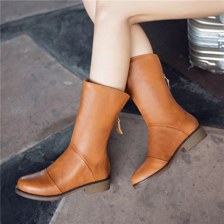 Women's Round Toe Back Zippers Block Heel Mid Calf Boots