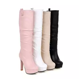 Women's Round Toe Block Chunky Heel Platform Knee High Boots