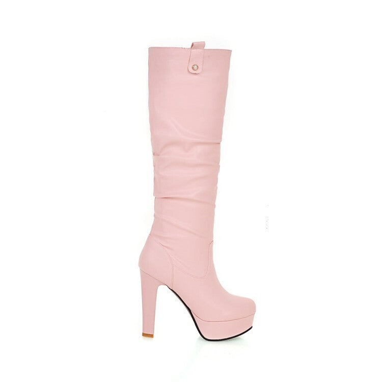 Women's Round Toe Block Chunky Heel Platform Knee High Boots