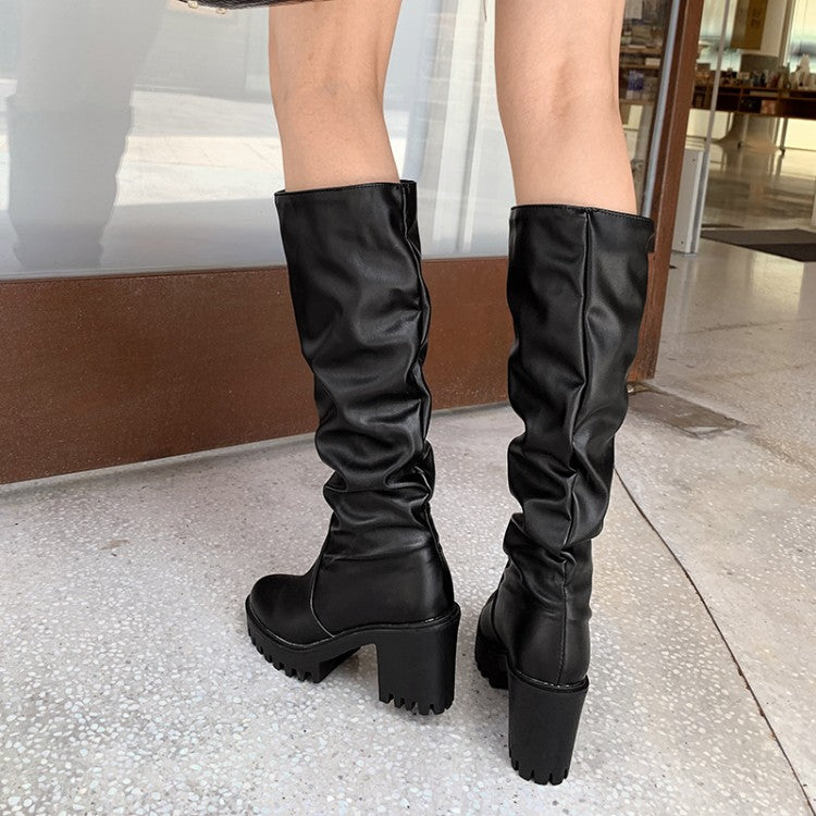 Women's Round Toe Block Chunky Heel Platform Tall Boots