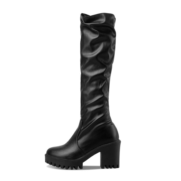 Women's Round Toe Block Chunky Heel Platform Tall Boots