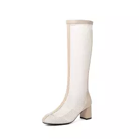 Women's Round Toe Mesh Block Chunky Heel Knee High Boots