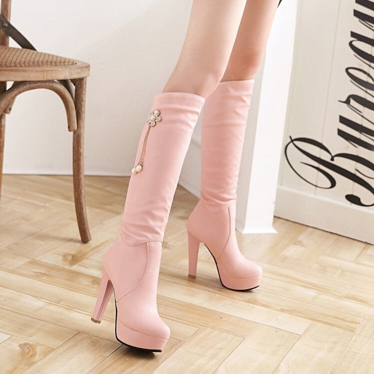 Women's Round Toe Pearls Flowers Block Chunky Heel Platform Knee High Boots