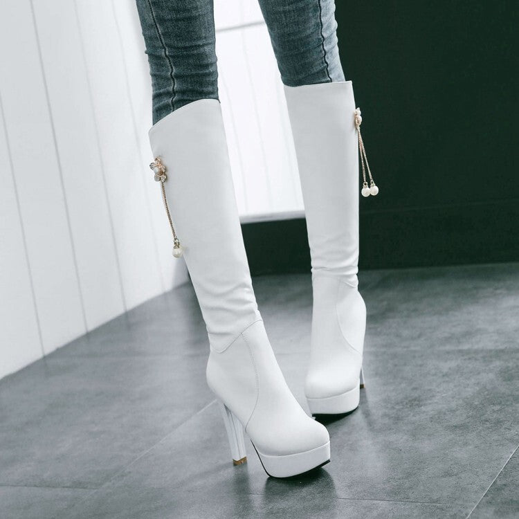 Women's Round Toe Pearls Flowers Block Chunky Heel Platform Knee High Boots