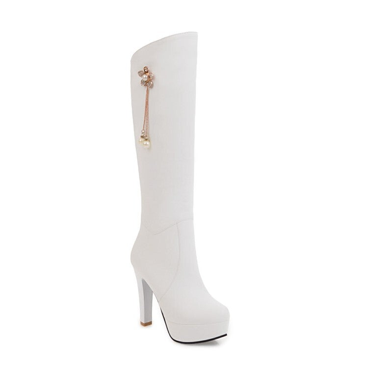 Women's Round Toe Pearls Flowers Block Chunky Heel Platform Knee High Boots