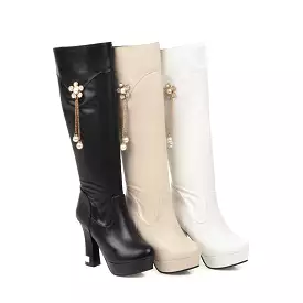 Women's Round Toe Pearls Flowers Spool Heel Platform Knee High Boots