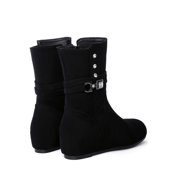 Women's Round Toe Rhinestone Buckles Inside Heighten Mid Calf Boots