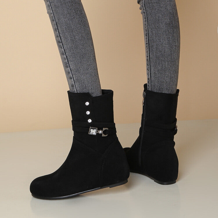 Women's Round Toe Rhinestone Buckles Inside Heighten Mid Calf Boots