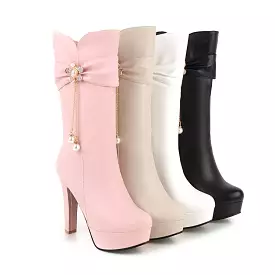 Women's Round Toe Rhinestone Flowers Block Chunky Heel Platform Mid-Calf Boots