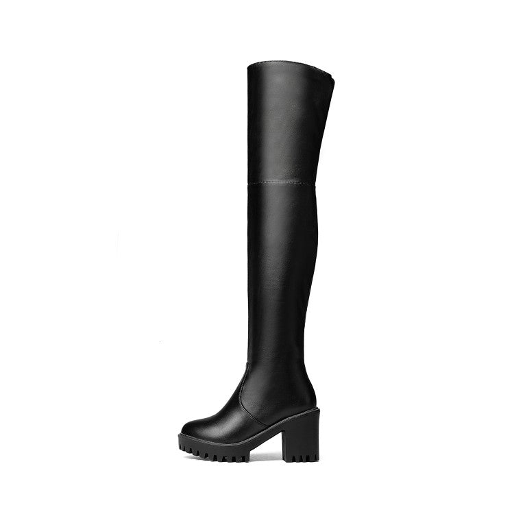 Women's Round Toe Side Zippers Block Chunky Heel Platform Over the Knee Boots