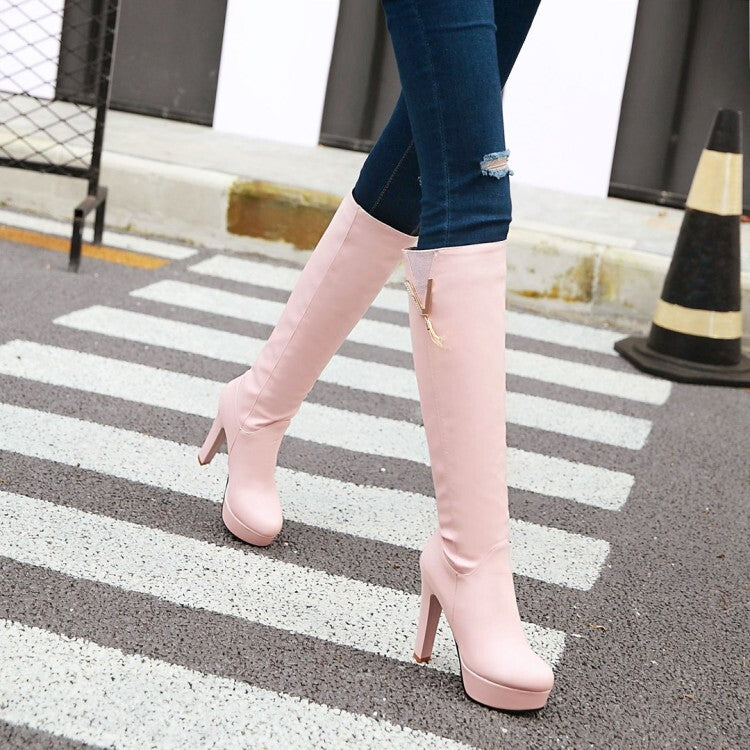 Women's Round Toe Tassel Block Chunky Heel Platform Knee High Boots