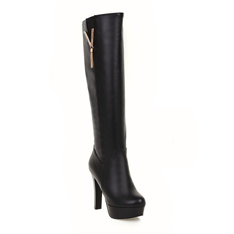 Women's Round Toe Tassel Block Chunky Heel Platform Knee High Boots