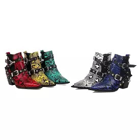 Women's Serpentinite Pointed Toe Buckles Belts Puppy Heel Short Boots