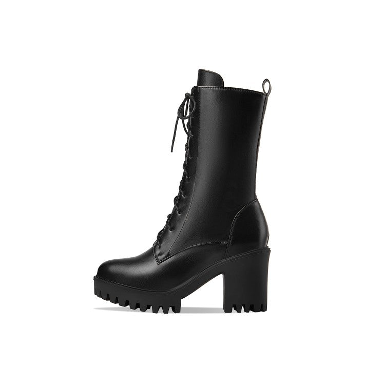 Women's Side Zippers Buckle Straps Block Heel Platform Mid Calf Boots