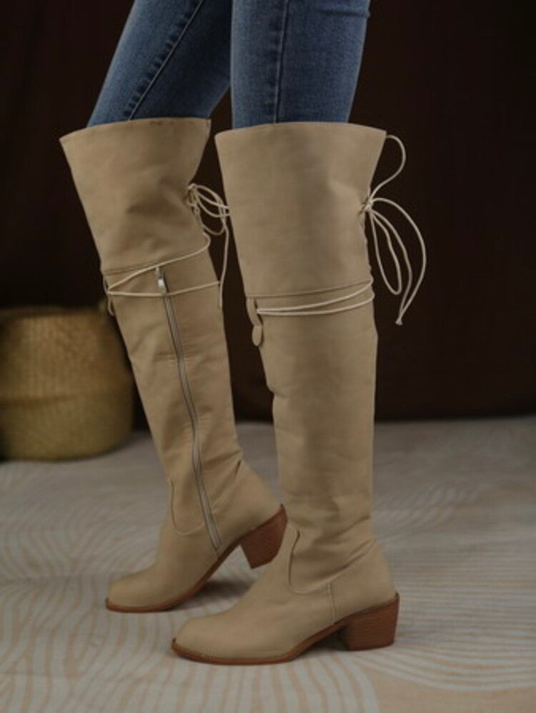 Women's Side Zippers Entangled Tied Straps Block Heel Tall Boots