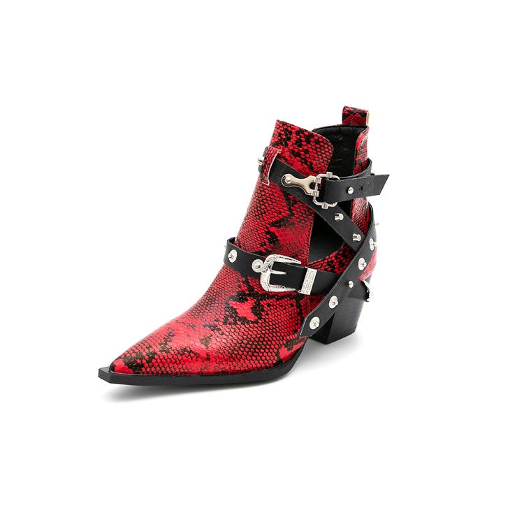 Women's Snake-printed Pointed Toe Rivets Buckle Straps Block Chunky Heel Short Boots