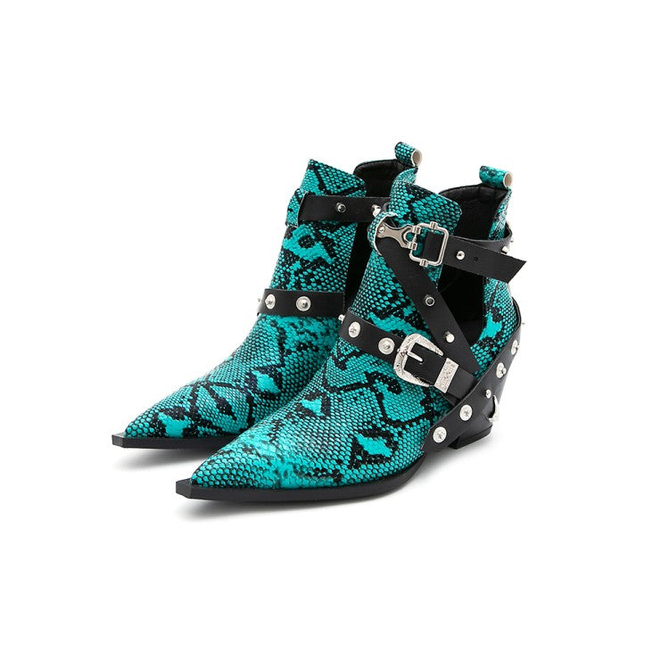 Women's Snake-printed Pointed Toe Rivets Buckle Straps Block Chunky Heel Short Boots