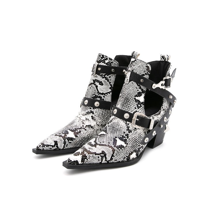 Women's Snake-printed Pointed Toe Rivets Buckle Straps Block Chunky Heel Short Boots