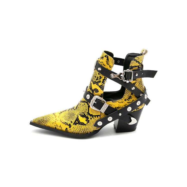 Women's Snake-printed Pointed Toe Rivets Buckle Straps Block Chunky Heel Short Boots