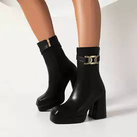 Women's Square Toe Side Zippers Block Chunky Heel Platform Short Boots